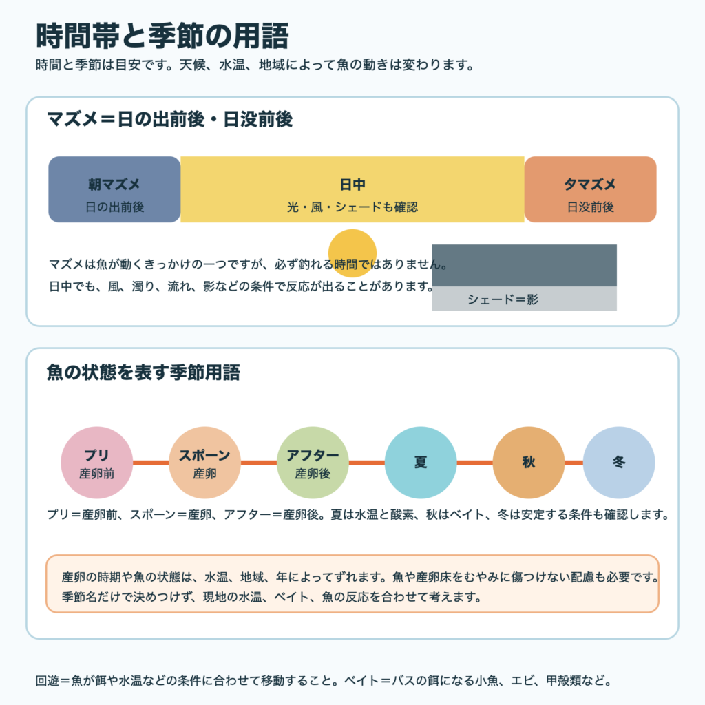 朝マズメ、日中、夕マズメと、プリスポーン、スポーニング、アフター、夏、秋、冬の順番を示す図